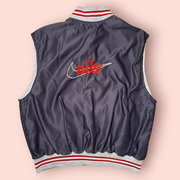 Vintage Nike Varsity Bomber Vest Navy Blue Red Trim-Retro 90s Swoosh Embroidered - Picture 2 of 12